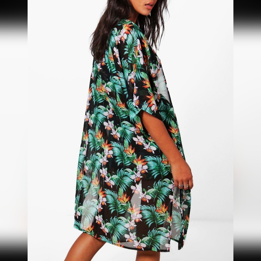 Boohoo Women's NWT Green Skye Tropical Floral Side Slit Long Kimono Size 12 - Picture 1 of 7
